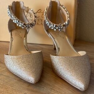 Badgley Mischka Glittering Light Rose Gold Heels with Jewel Ankle Strap